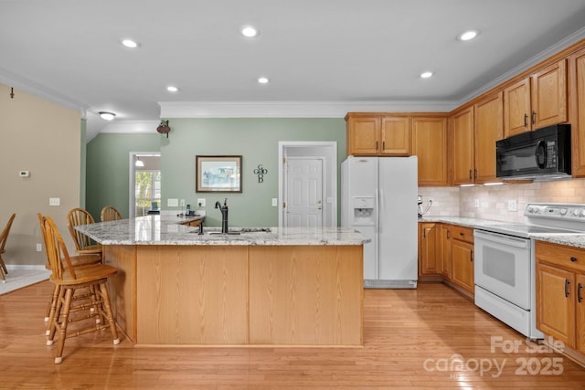 6533 Derby Ln NW, Concord, NC 28027 - kitchen featuring white appliances, ornamental molding, a sink, a center island with sink, and backsplash