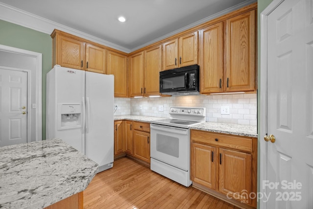 6533 Derby Ln NW, Concord, NC 28027 - kitchen featuring white appliances, light wood-style floors, tasteful backsplash, light stone countertops, and ornamental molding