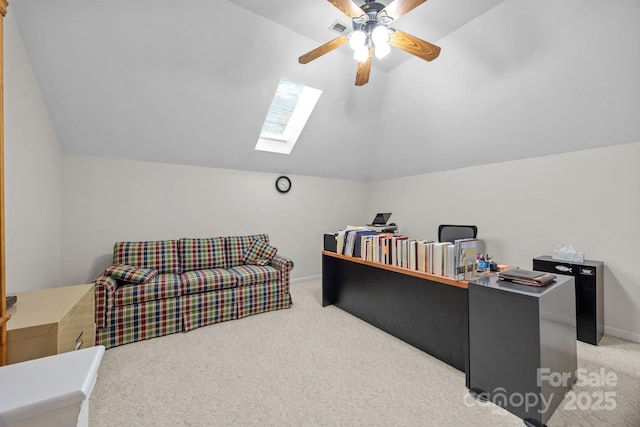 6533 Derby Ln NW, Concord, NC 28027 - office featuring vaulted ceiling, a skylight, light colored carpet, ceiling fan, and baseboards