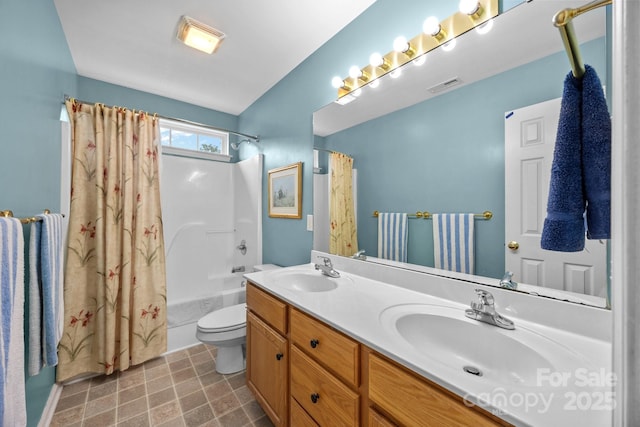 6533 Derby Ln NW, Concord, NC 28027 - full bathroom with toilet, double vanity, and shower / bath combo with shower curtain