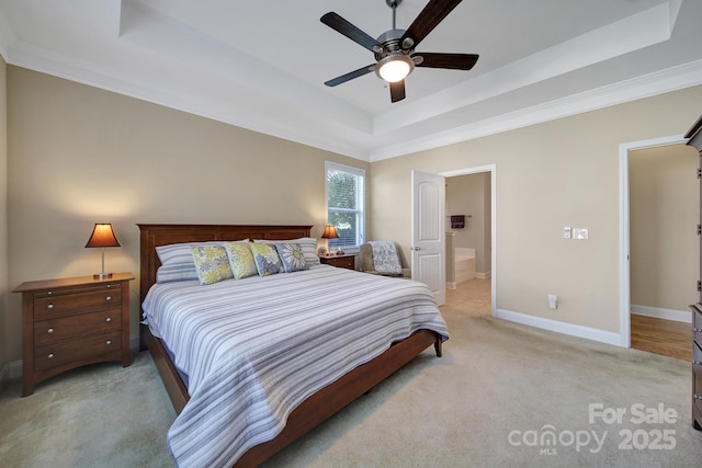 909 Autumn Glen Ct, Clover, SC 29710 - bedroom featuring a raised ceiling, light carpet, baseboards, ornamental molding, and ensuite bathroom
