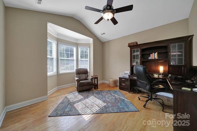 909 Autumn Glen Ct, Clover, SC 29710 - office area with light wood finished floors, lofted ceiling, a ceiling fan, and baseboards