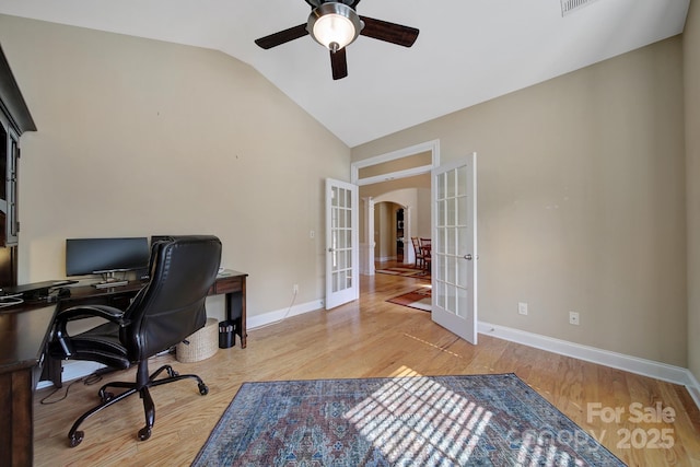 909 Autumn Glen Ct, Clover, SC 29710 - office space with french doors, arched walkways, ceiling fan, light wood-style floors, and baseboards