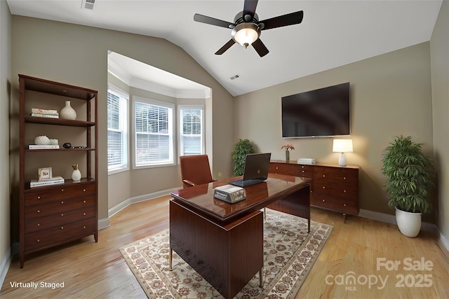 909 Autumn Glen Ct, Clover, SC 29710 - office featuring a ceiling fan, vaulted ceiling, light wood finished floors, and baseboards