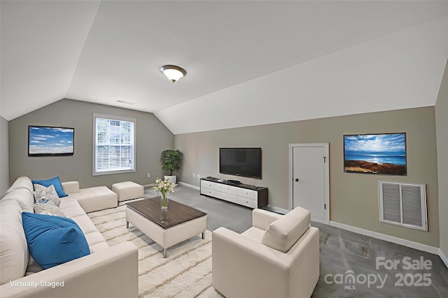 909 Autumn Glen Ct, Clover, SC 29710 - living room featuring vaulted ceiling, baseboards, and carpet flooring