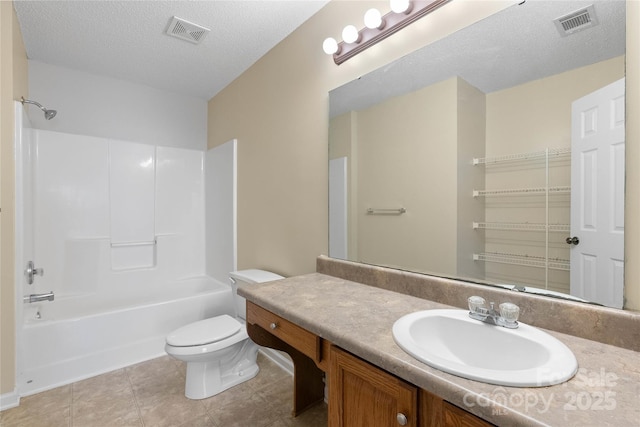 116 Dean Rd, Anderson, SC 29625 - bathroom with vanity, toilet, shower / bath combination, a textured ceiling, and tile patterned floors