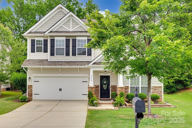 424 Castlebury Ct, Clover, SC 29710 - craftsman-style home featuring driveway, a front lawn, an attached garage, stone siding, and a shingled roof
