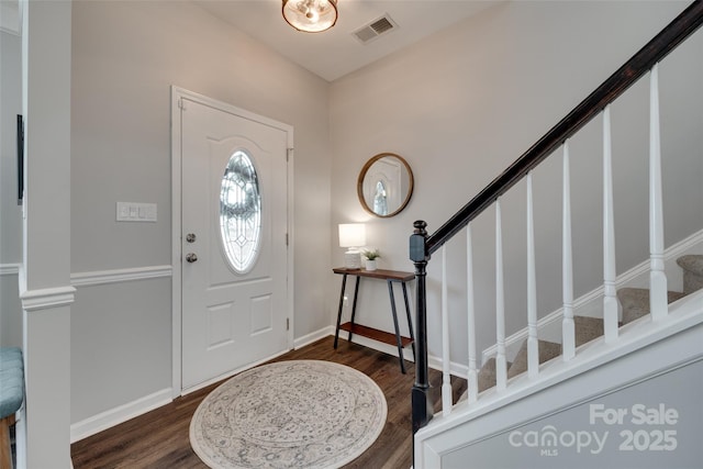 424 Castlebury Ct, Clover, SC 29710 - entryway with stairway, dark wood-style floors, and baseboards