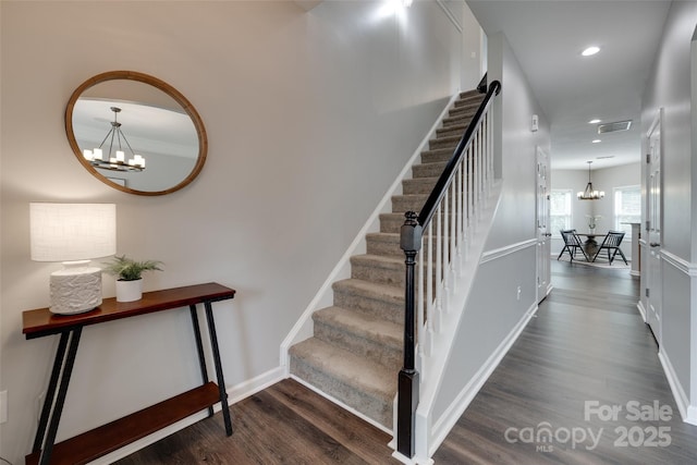 424 Castlebury Ct, Clover, SC 29710 - stairway featuring a chandelier, wood finished floors, baseboards, and recessed lighting