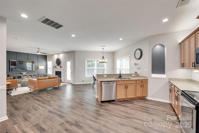 424 Castlebury Ct, Clover, SC 29710 - kitchen with appliances with stainless steel finishes, a sink, ceiling fan, wood finished floors, and baseboards