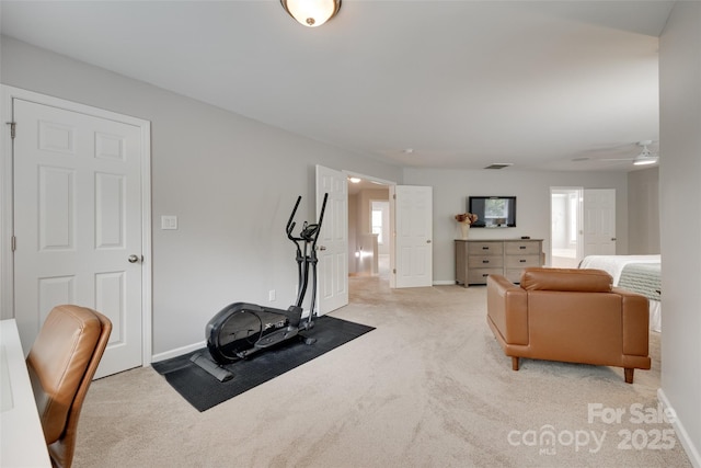 424 Castlebury Ct, Clover, SC 29710 - exercise room featuring light carpet, baseboards, and a ceiling fan