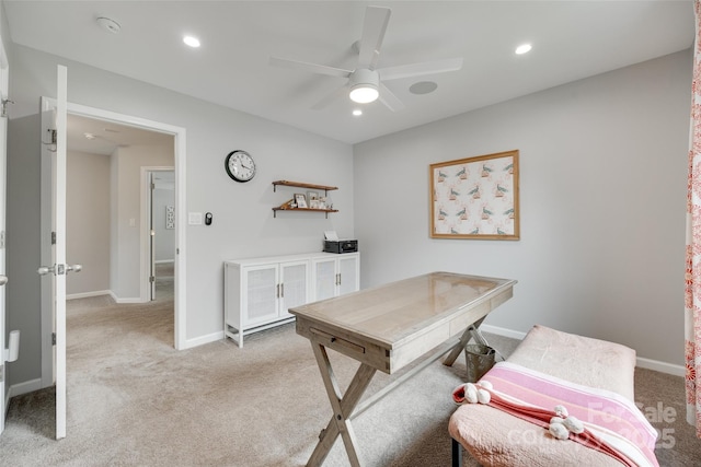 424 Castlebury Ct, Clover, SC 29710 - home office featuring light colored carpet, ceiling fan, baseboards, and recessed lighting