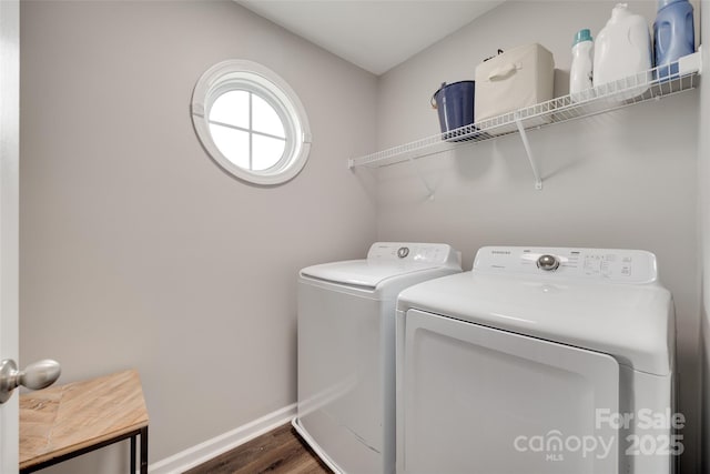 424 Castlebury Ct, Clover, SC 29710 - laundry room featuring washing machine and dryer, dark wood-style floors, and baseboards
