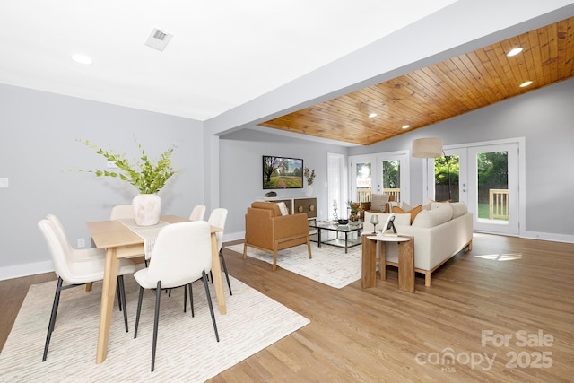 4838 Keats Ave, Charlotte, NC 28212 - dining room featuring wood ceiling, light wood-type flooring, vaulted ceiling, recessed lighting, and french doors