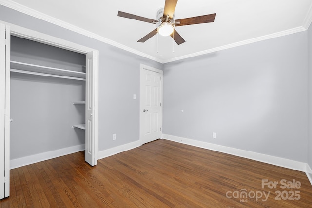 4838 Keats Ave, Charlotte, NC 28212 - unfurnished bedroom with wood finished floors, crown molding, and a ceiling fan