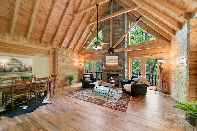 76 Isuhdavga Ct, Brevard, NC 28712 - living room featuring wooden walls, high vaulted ceiling, a fireplace, wood finished floors, and wood ceiling with exposed beams