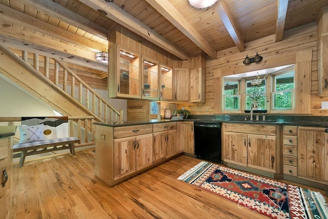76 Isuhdavga Ct, Brevard, NC 28712 - kitchen featuring black dishwasher, a sink, dark countertops, light wood finished floors, and wood ceiling with exposed beams