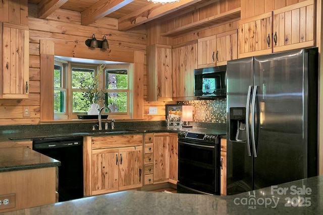 76 Isuhdavga Ct, Brevard, NC 28712 - kitchen with black appliances, a sink, dark stone counters, beam ceiling, and light brown cabinetry