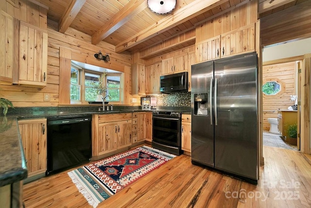 76 Isuhdavga Ct, Brevard, NC 28712 - kitchen with black appliances, a sink, light brown cabinetry, and wooden ceiling with exposed beams