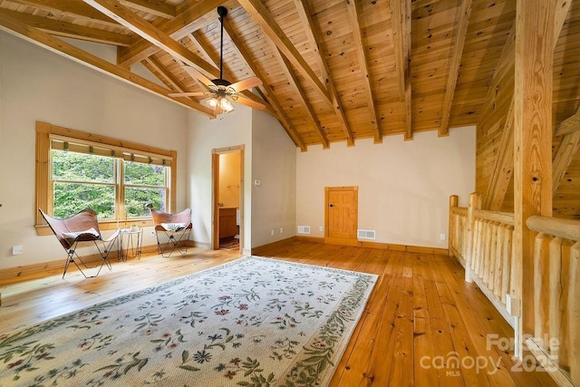 76 Isuhdavga Ct, Brevard, NC 28712 - sitting room featuring wood ceiling with exposed beams, light wood-type flooring, baseboards, a ceiling fan, and high vaulted ceiling