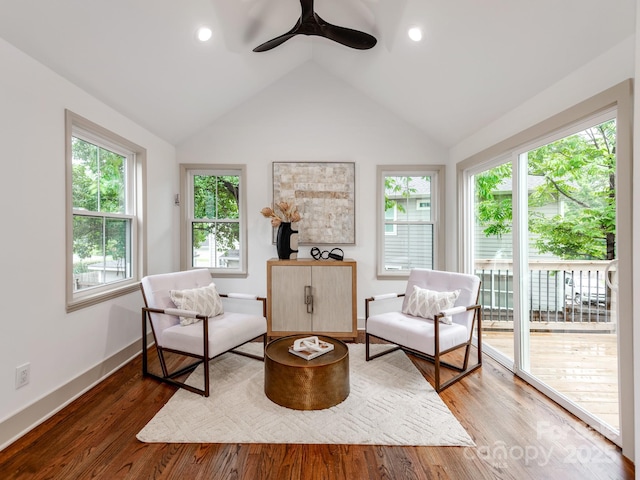 2114 Thurmond Pl, Charlotte, NC 28205 - sitting room featuring healthy amount of natural light, lofted ceiling, baseboards, wood finished floors, and a ceiling fan
