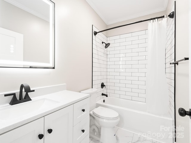 123 Edwards Ave, Swannanoa, NC 28778 - full bath featuring vanity, shower / bath combination with curtain, toilet, ornamental molding, and marble look tiles