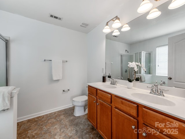 6532 Prosperity Commons Dr, Charlotte, NC 28269 - full bathroom with a stall shower, double vanity, toilet, and baseboards