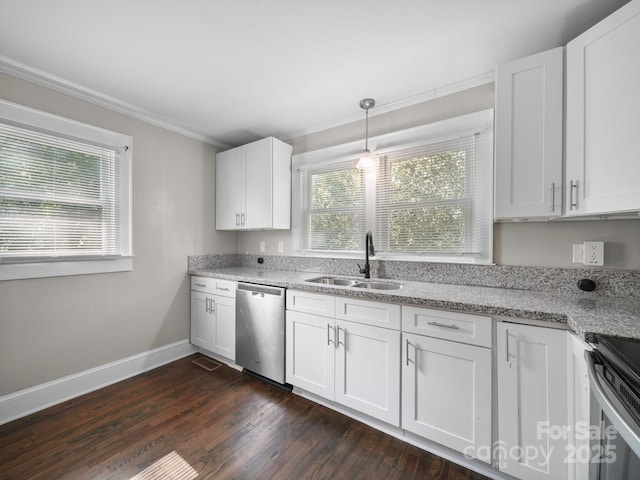322 Peachtree St, Albemarle, NC 28001 - kitchen with stainless steel appliances, crown molding, white cabinetry, dark wood-style floors, and light stone counters