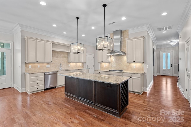 16909 Red Cow Rd, Charlotte, NC 28277 - kitchen featuring wall chimney range hood, stainless steel dishwasher, open shelves, decorative backsplash, and a kitchen island