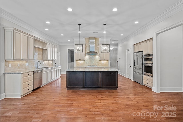 16909 Red Cow Rd, Charlotte, NC 28277 - kitchen with wall chimney range hood, stainless steel appliances, a center island, recessed lighting, and tasteful backsplash