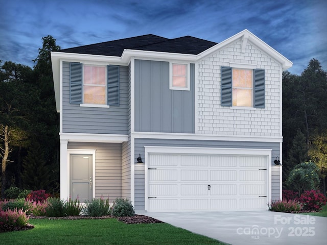 406 Luna Ln, Shelby, NC 28152 - traditional-style house featuring an attached garage, board and batten siding, driveway, and roof with shingles