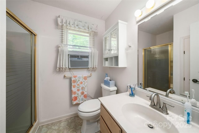131 Apple Blossom Ln, Maggie Valley, NC 28751 - bathroom featuring vanity, a shower with shower door, toilet, cooling unit, and baseboards