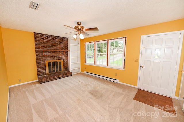 2625 Glenn St, Newton, NC 28658 - unfurnished living room with baseboard heating, a ceiling fan, baseboards, carpet floors, and a textured ceiling