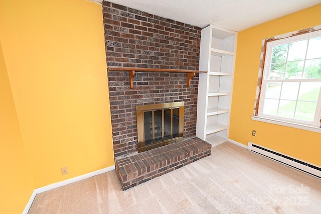 2625 Glenn St, Newton, NC 28658 - unfurnished living room with a brick fireplace, a baseboard heating unit, baseboards, carpet, and plenty of natural light