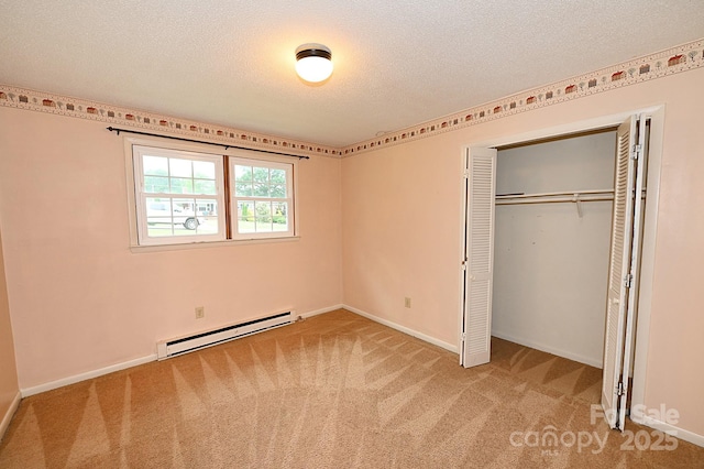 2625 Glenn St, Newton, NC 28658 - unfurnished bedroom featuring a baseboard radiator, carpet flooring, a textured ceiling, a closet, and baseboards