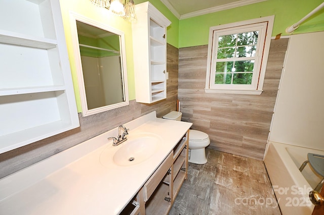 2625 Glenn St, Newton, NC 28658 - full bath featuring vanity, tile walls, crown molding, toilet, and wood finished floors
