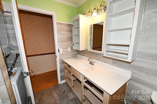 2625 Glenn St, Newton, NC 28658 - bathroom featuring crown molding, vanity, a wainscoted wall, wood finished floors, and a chandelier