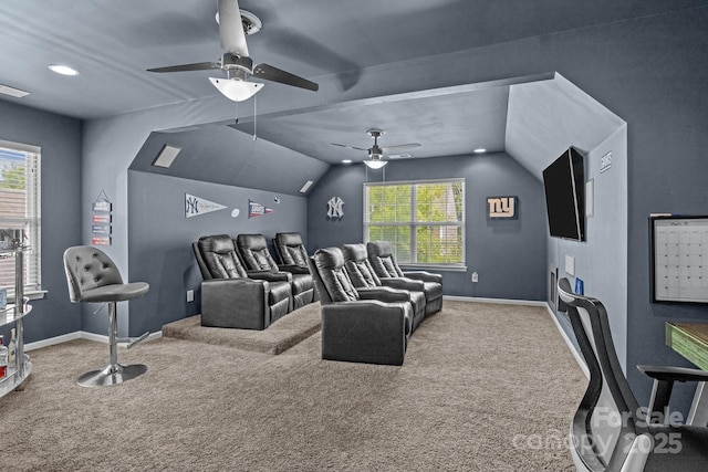 2233 Sonoma Valley Dr, Charlotte, NC 28214 - carpeted home theater featuring healthy amount of natural light, lofted ceiling, and a ceiling fan