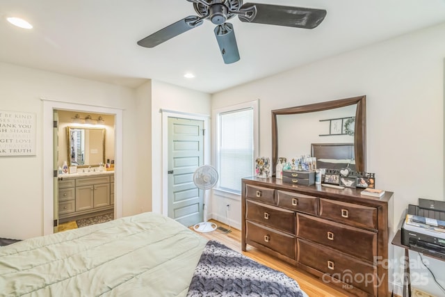 432 4th Street Pl SW, Hickory, NC 28602 - bedroom with light wood-style floors, connected bathroom, recessed lighting, ceiling fan, and a sink