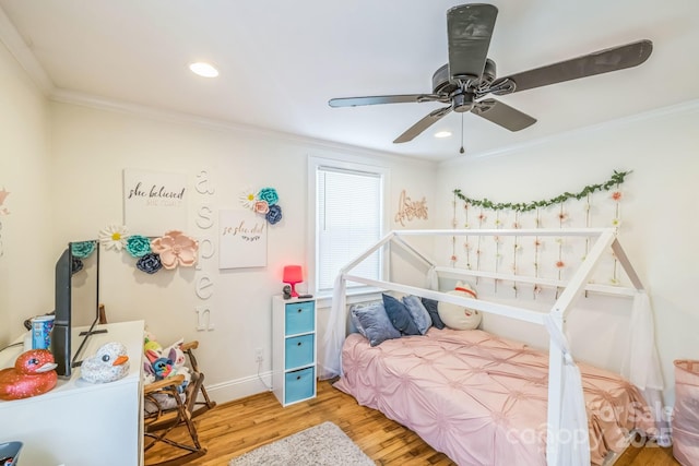 432 4th Street Pl SW, Hickory, NC 28602 - bedroom with light wood-type flooring, crown molding, baseboards, recessed lighting, and a ceiling fan