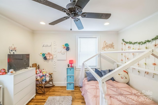 432 4th Street Pl SW, Hickory, NC 28602 - bedroom featuring light wood-style floors, crown molding, recessed lighting, a ceiling fan, and baseboards