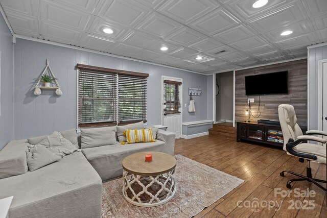 4043 Windward Dr, Tega Cay, SC 29708 - home office featuring an ornate ceiling, hardwood / wood-style flooring, recessed lighting, and baseboards