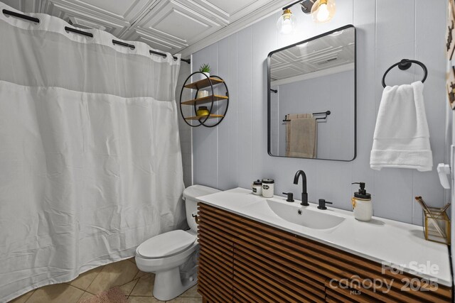 4043 Windward Dr, Tega Cay, SC 29708 - bathroom featuring toilet, vanity, tile patterned floors, curtained shower, and an ornate ceiling