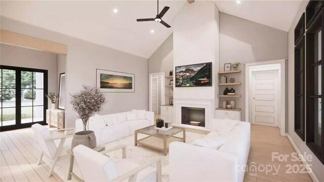 0000 Woodhill Cove Ln Unit 5, Denver, NC 28037 - living room with high vaulted ceiling, a fireplace, a ceiling fan, light wood-style floors, and built in features