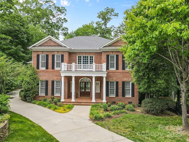 1806 Asbury Hall Ct, Charlotte, NC 28209 - colonial inspired home with covered porch, a balcony, brick siding, french doors, and crawl space