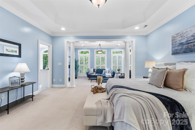 1806 Asbury Hall Ct, Charlotte, NC 28209 - carpeted bedroom featuring decorative columns, ornamental molding, multiple windows, recessed lighting, and baseboards