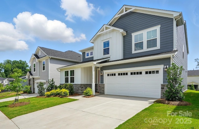 9930 Cask Way, Huntersville, NC 28078 - craftsman-style home with stone siding, board and batten siding, concrete driveway, and a garage