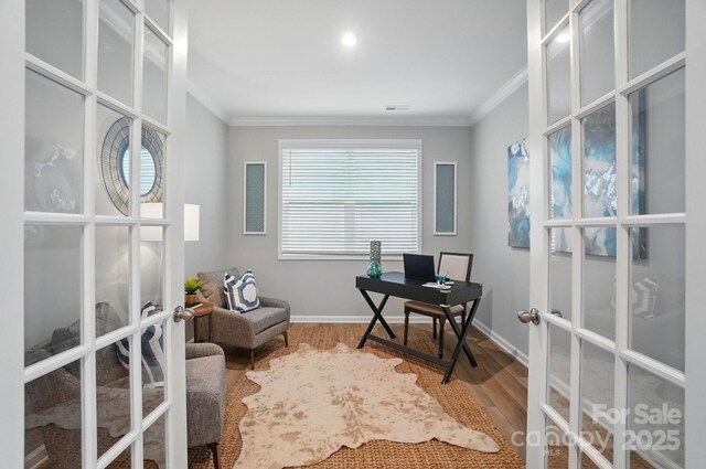 9930 Cask Way, Huntersville, NC 28078 - home office with french doors, ornamental molding, and wood finished floors