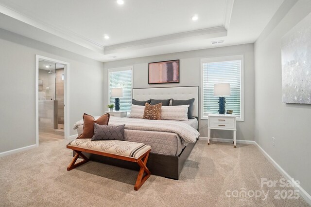 9930 Cask Way, Huntersville, NC 28078 - bedroom with a raised ceiling, ornamental molding, light carpet, recessed lighting, and connected bathroom