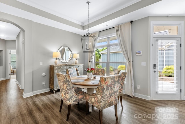 1712 Askern Ct, Waxhaw, NC 28173 - dining space with arched walkways, wood finished floors, baseboards, plenty of natural light, and crown molding